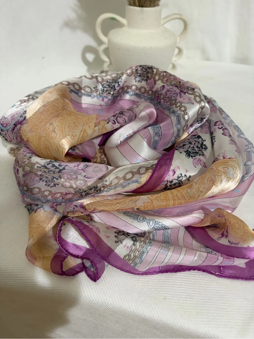 Unbranded 100% Silk Floral Paisley Chain Print Scarf Shawl Vintage Pastel 21*65